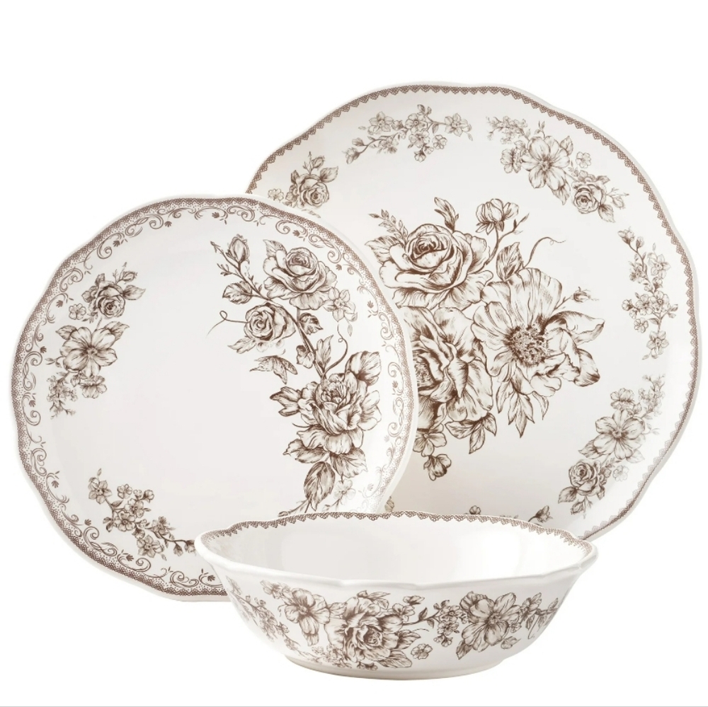 💕 2025 The Pioneer Woman Elegant Agatha Cream and Brown Dinnerware Set